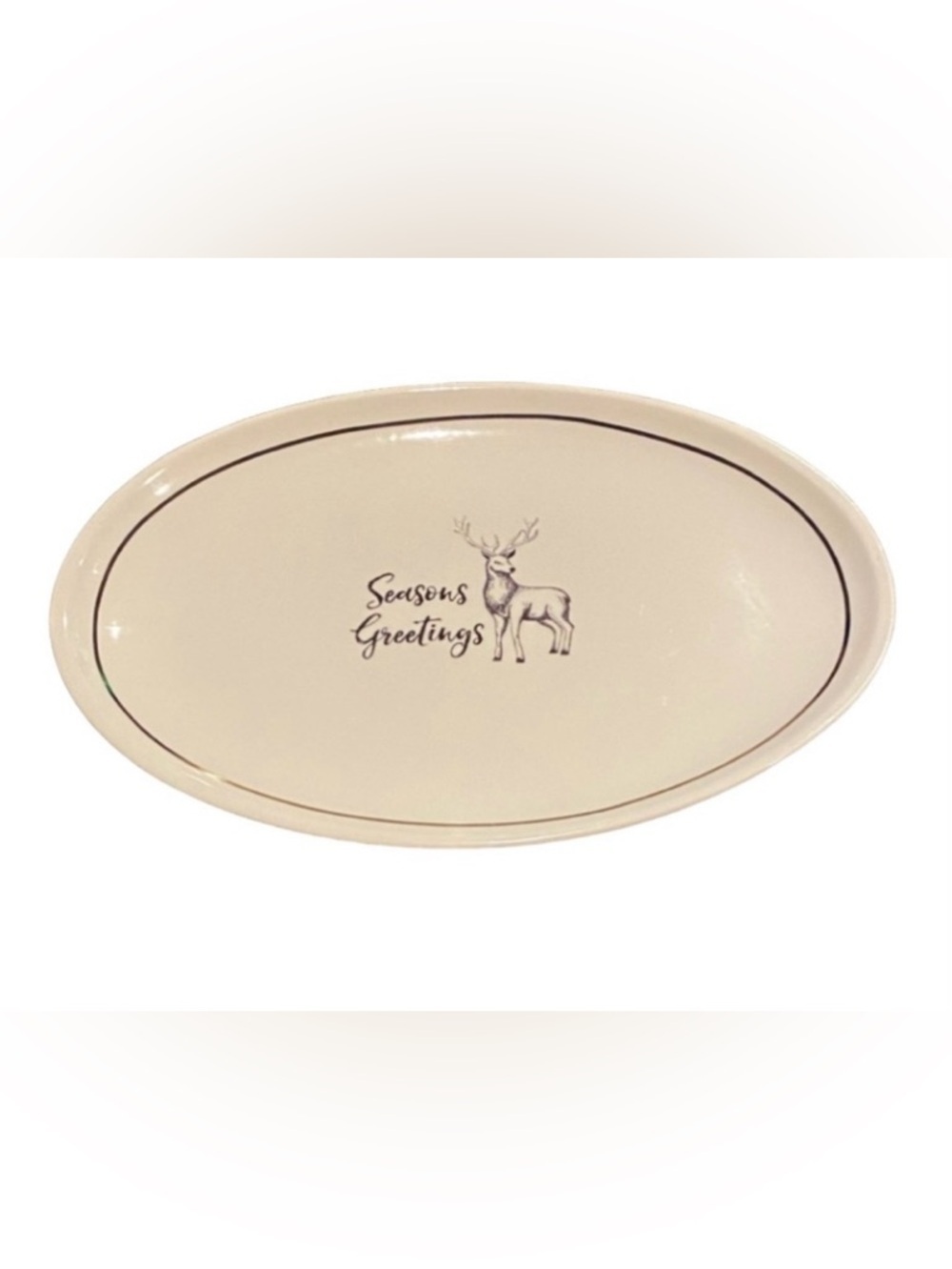 American Atelier Season's Greetings Oval Platter - White with Deer. Ceramic.
